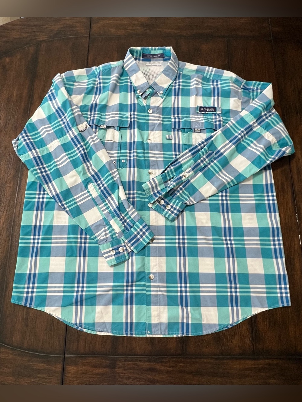 Columbia PFG Super Bahama Men’s Plaid Long Sleeve Button-Down Shirt Blue Teal XL